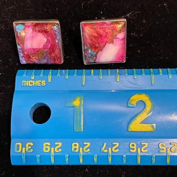 Kingman Turquoise Purple Dahlia Pierced Earrings set in 925 Silver - Picture 12 of 12